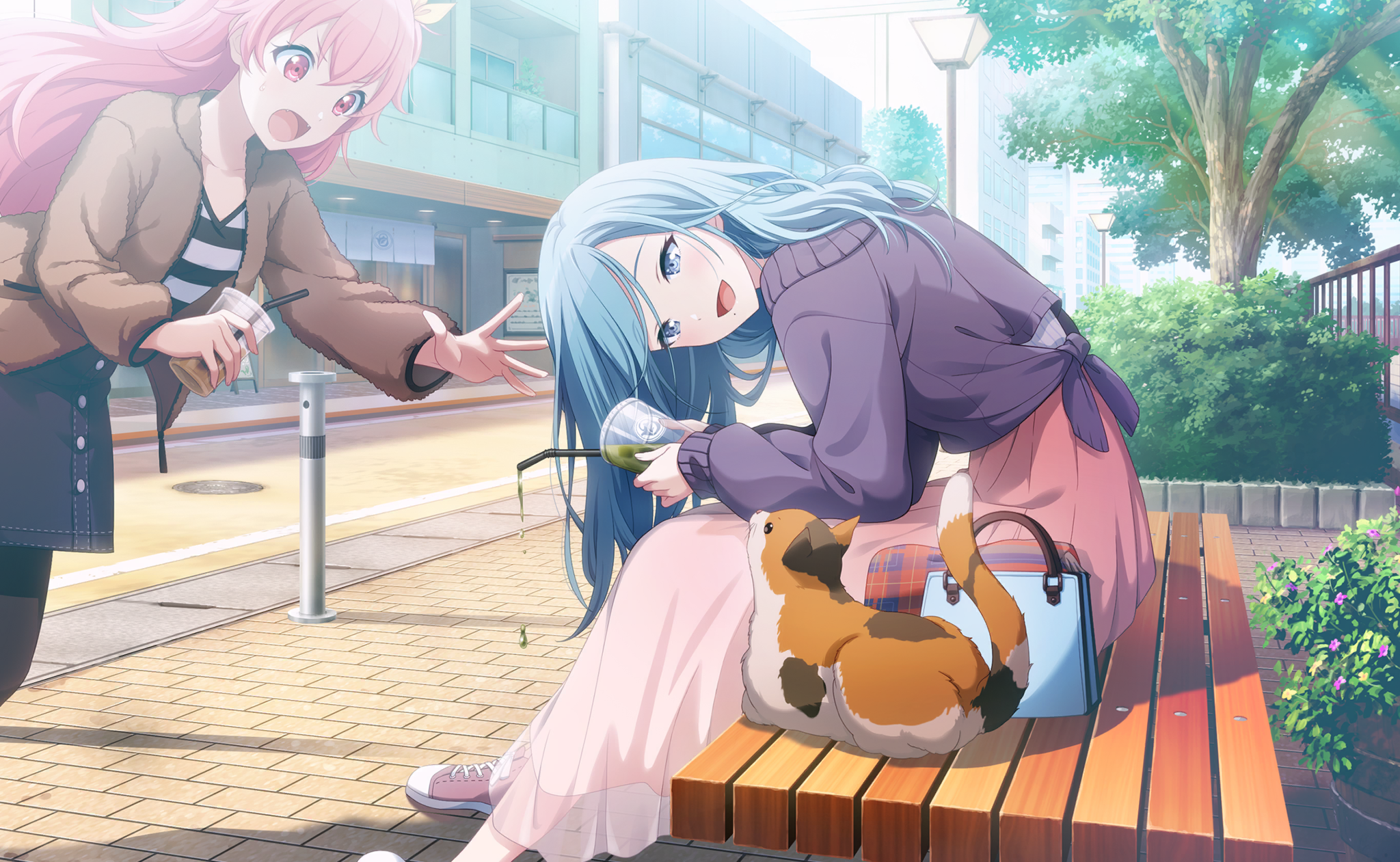 colorful palette, hinomori shizuku, momoi airi, project sekai, game cg, highres, official art, third-party source, 2girls, :d, black pantyhose, black shirt, blue bag, blue eyes, blue hair, blue skirt, brown jacket, cardigan, cat, coffee, drink, drinking straw, fang, green tea, holding, holding drink, jacket, long hair, long skirt, looking at viewer, mole, mole under mouth, multiple girls, open clothes, open jacket, open mouth, outdoors, pantyhose, pink eyes, pink hair, pink shoes, pink skirt, purple cardigan, shirt, shoes, sitting, skirt, smile, sneakers, spilling, striped clothes, striped shirt, tea, todoke! hopeful stage (project sekai), tongue, tree, two side up, v-shaped eyebrows, white shirt