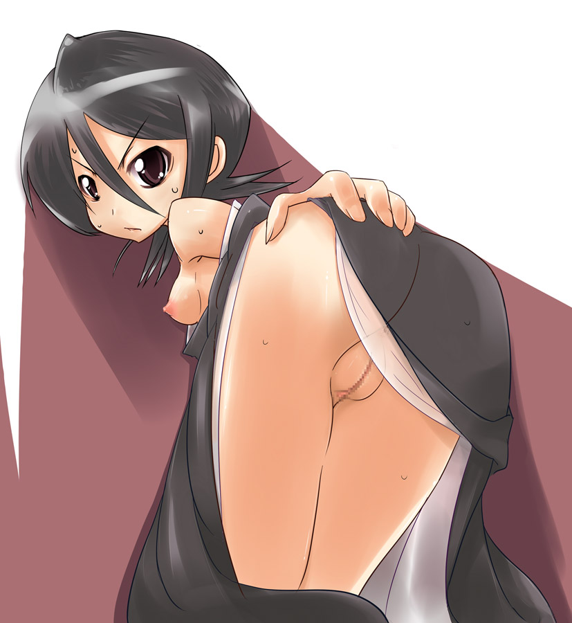 morisaki hichimi, kuchiki rukia, bleach, ass grab, 00s, 1girl, angry, ass, bare shoulders, bent over, black hair, breasts, brown eyes, censored, female focus, hair between eyes, hand on own ass, japanese clothes, kimono, looking back, presenting, pussy, short hair, small breasts, solo, sweat