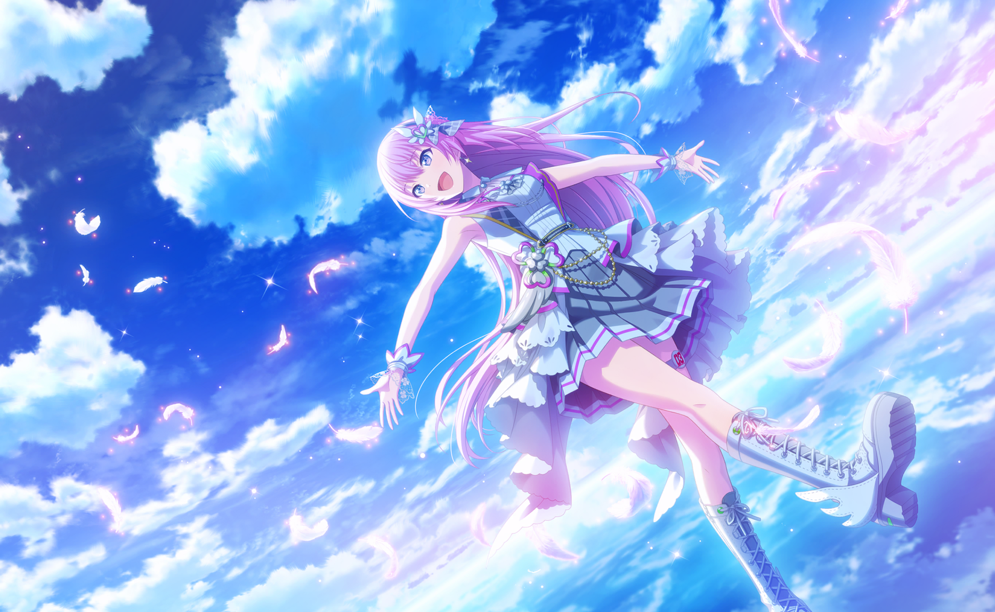 colorful palette, megurine luka, more more jump! luka, project sekai, vocaloid, game cg, highres, official art, third-party source, 1girl, :d, alternate costume, blue sky, boots, breasts, cloud, dress, dutch angle, full body, hair between eyes, hair ornament, long hair, open mouth, pink hair, purple eyes, reflection, shoelaces, sky, sleeveless, sleeveless dress, smile, solo, todoke! hopeful stage (project sekai), tongue, very long hair, white boots, white dress