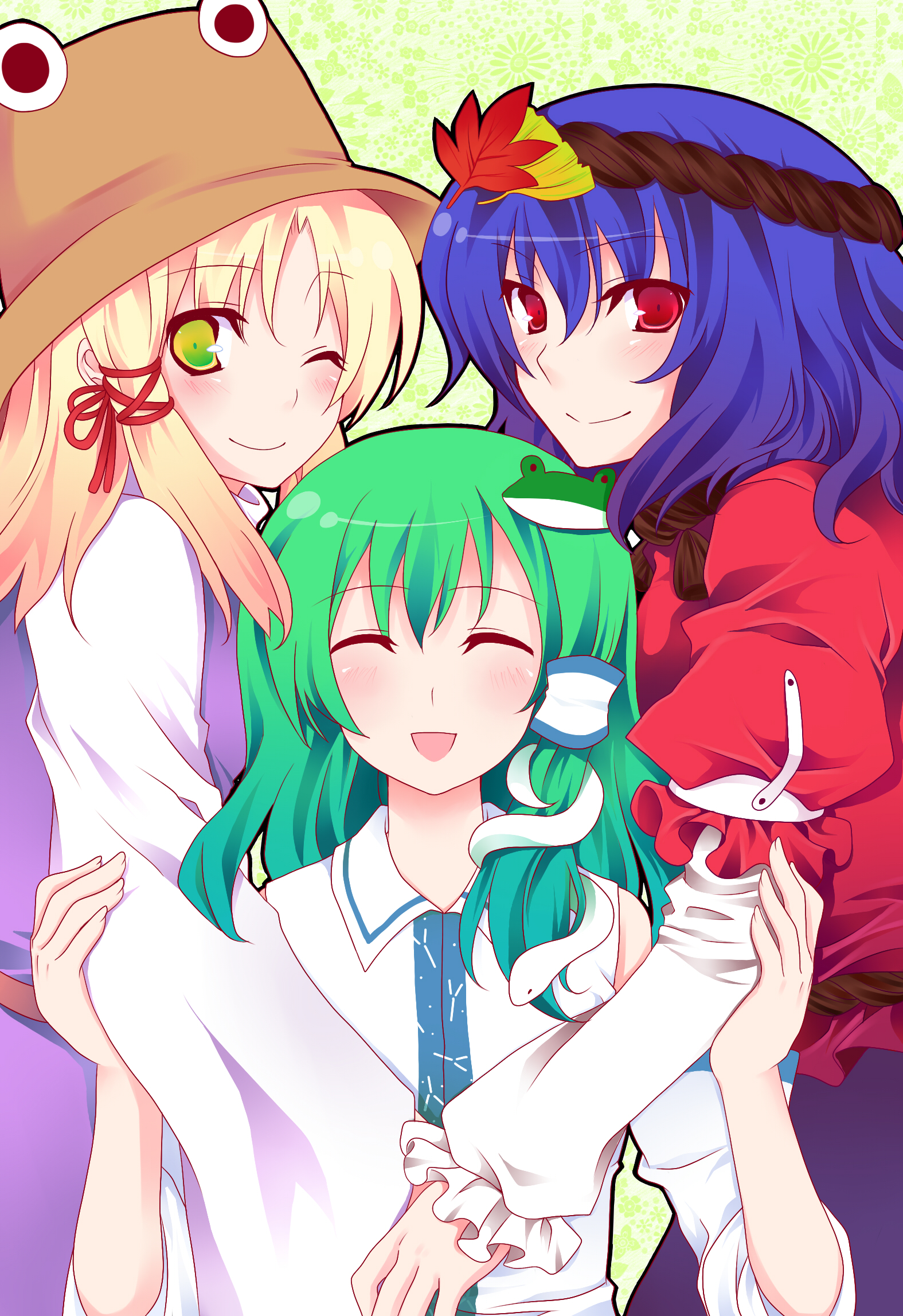 shino (mijinko), kochiya sanae, moriya suwako, yasaka kanako, touhou, bad id, bad pixiv id, highres, 3girls, female focus, hair ornament, hat, leaf hair ornament, multiple girls