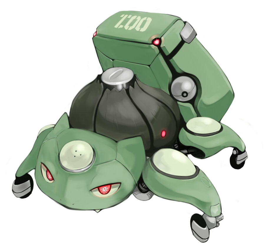inemuri uno, bulbasaur, fuchikoma, tachikoma, ghost in the shell, ghost in the shell: stand alone complex, nintendo, pokemon, crossover, fang, gen 1 pokemon, mecha, mechanization, no humans, parody, pokemon (creature), pun, robot, simple background, solo, white background