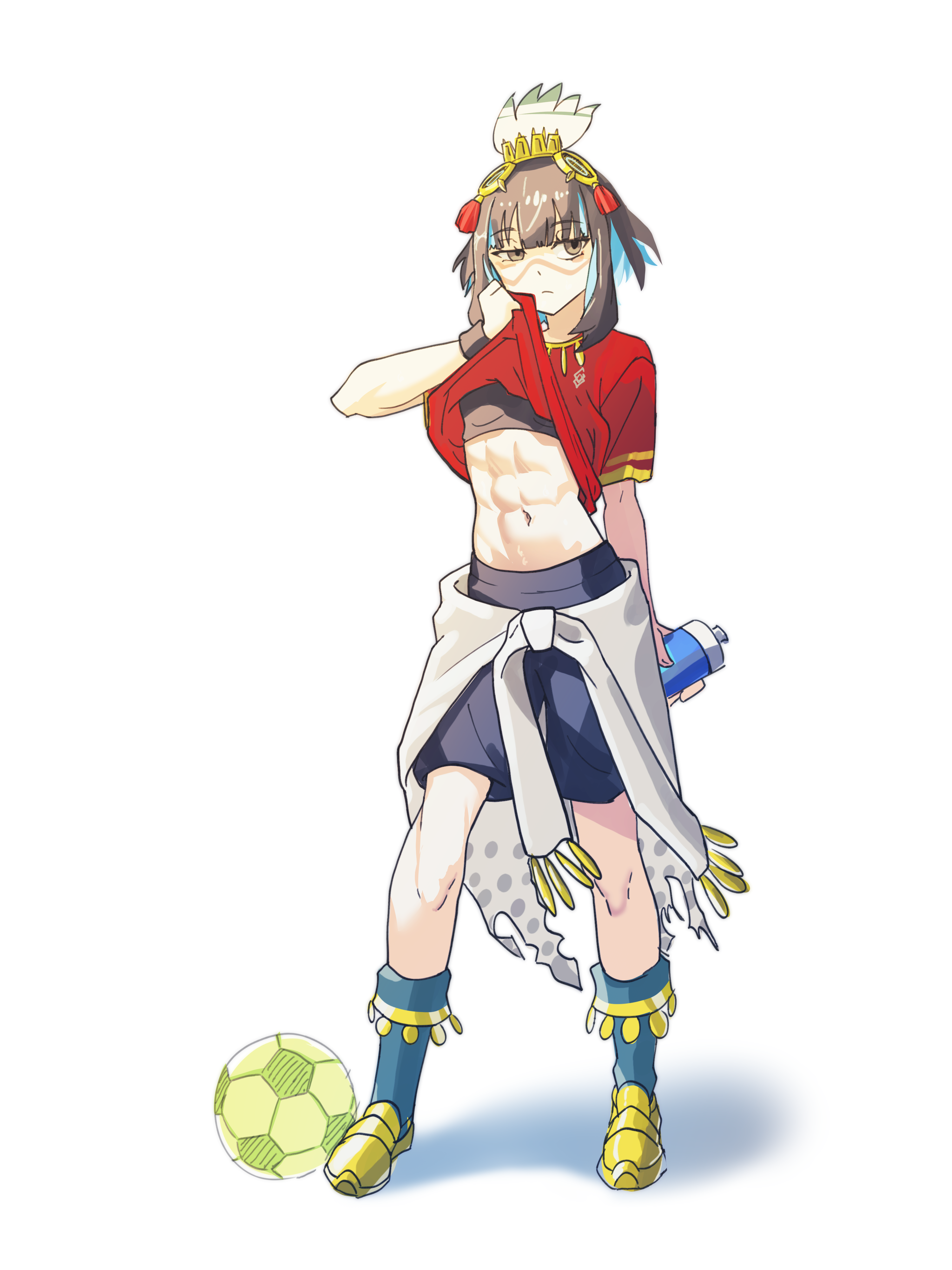 dantonphanton, tenochtitlan (fate), tenochtitlan (first ascension) (fate), fate/grand order, fate (series), absurdres, highres, 1girl, abs, alternate costume, ball, black hair, blue hair, breasts, colored inner hair, facepaint, feathers, full body, grey eyes, headdress, looking at viewer, multicolored hair, navel, short hair, sidelocks, small breasts, soccer ball, solo, tassel, toned