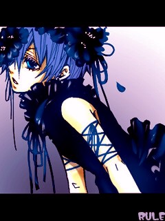 ciel phantomhive, kuroshitsuji, lowres, 00s, blue eyes, blue hair, flower, frills, male focus, qvga, ribbon