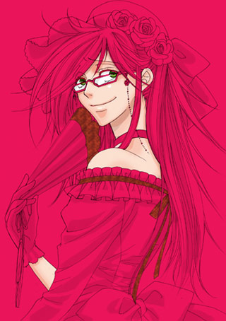 grell sutcliff, kuroshitsuji, lowres, 00s, 1boy, bare shoulders, bow, crossdressing, crossdressing (mtf), dress, glasses, gloves, hand fan, hat, male focus, red hair, smile, solo, trap, yellow eyes