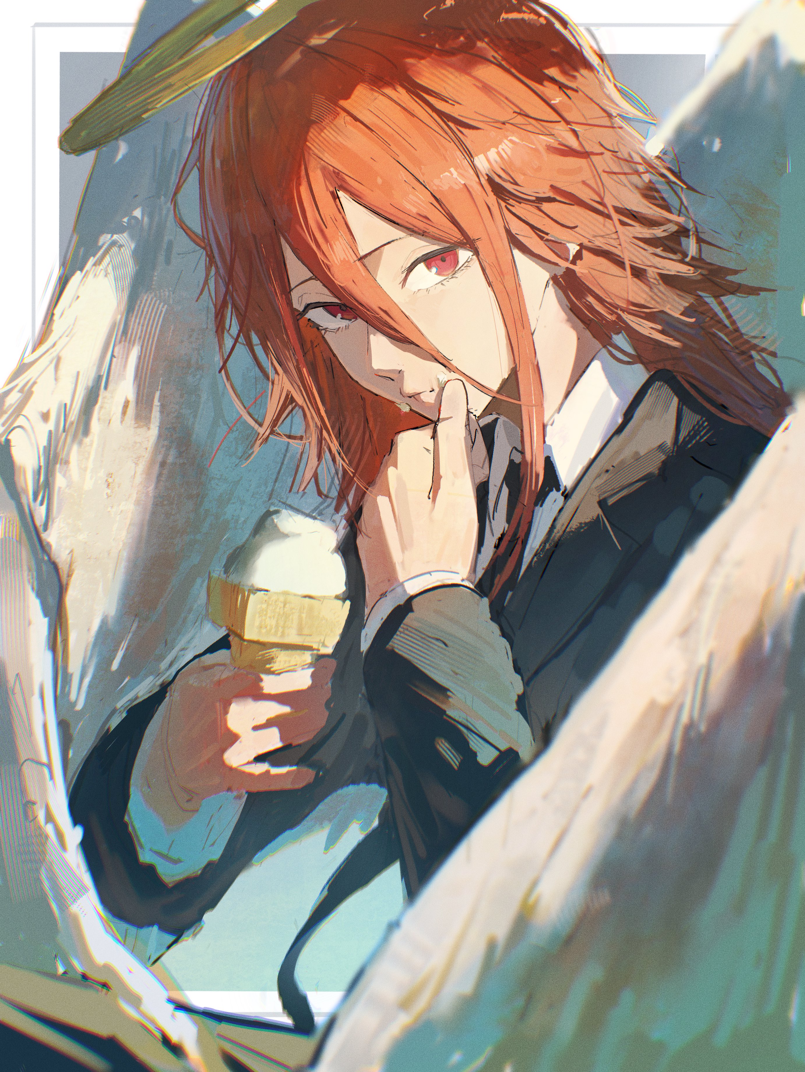 kouchanthree, angel devil (chainsaw man), chainsaw man, absurdres, highres, 1boy, angel, angel wings, black necktie, collared shirt, food, food on face, formal clothes, hair between eyes, halo, holding, holding food, holding ice cream, ice cream, ice cream on face, jacket, long sleeves, looking at viewer, male focus, necktie, red eyes, shirt, solo, suit, suit jacket, thumb to mouth, traditional halo, white shirt, white wings, wings