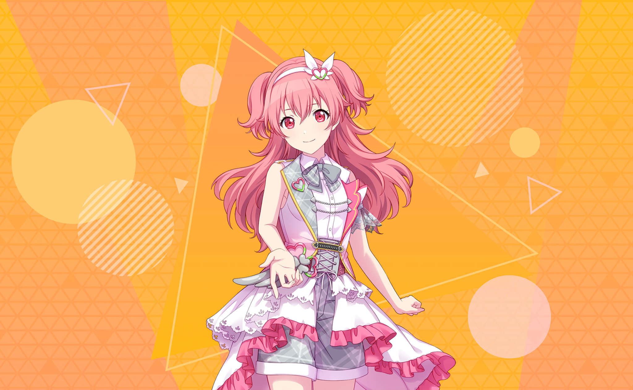 colorful palette, momoi airi, project sekai, game cg, highres, official art, third-party source, 1girl, alternate costume, circle, closed mouth, fingernails, frills, grey shorts, hair between eyes, hairband, heart, looking at viewer, orange background, pink eyes, pink hair, shirt, shirt tucked in, shorts, smile, solo, todoke! hopeful stage (project sekai), triangle, two side up, white hairband, white shirt