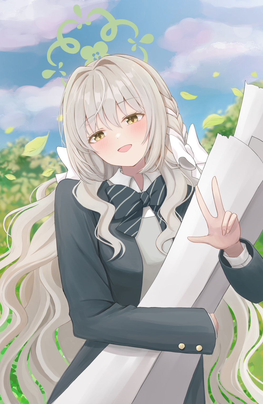 a ekoa, miyo (blue archive), blue archive, commentary, highres, 1girl, :d, blue sky, blush, bow, bowtie, braid, brown hair, collared shirt, cowboy shot, day, diagonal-striped bow, diagonal-striped bowtie, diagonal-striped clothes, falling leaves, flower halo, green bow, green bowtie, green halo, green jacket, hair between eyes, hair bow, hair intakes, hair ribbon, halo, hand up, holding, holding paper, jacket, leaf, long hair, long sleeves, looking at viewer, open clothes, open jacket, open mouth, outdoors, paper, ribbon, ribbon braid, rolled up paper, school uniform, shirt, side braid, sidelocks, sky, smile, solo, striped bow, striped bowtie, striped clothes, tsurime, very long hair, w, wavy hair, white bow, white ribbon, white shirt, yellow eyes