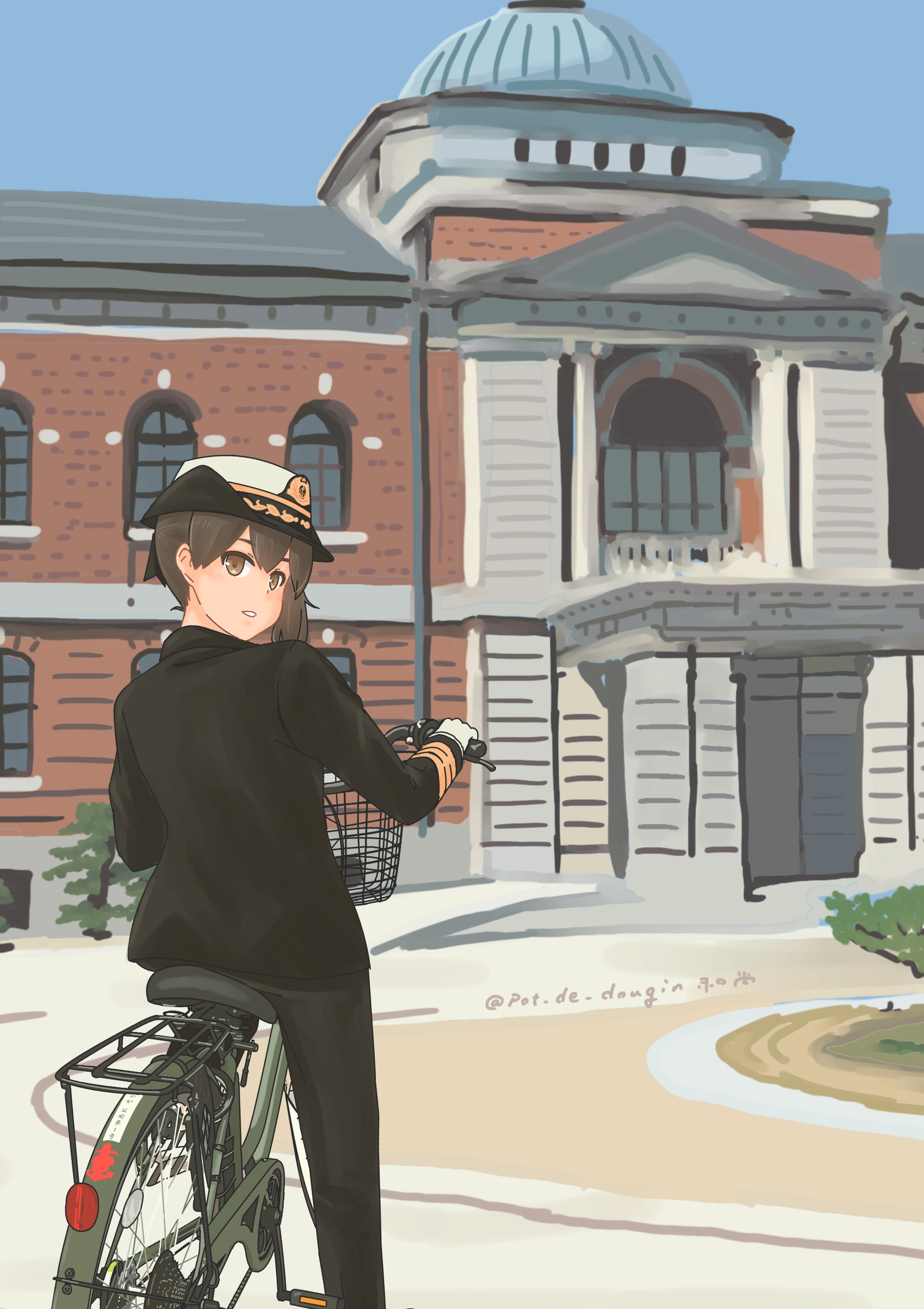 pot-de, kaga (kancolle), kantai collection, absurdres, commentary request, highres, 1girl, alternate costume, bicycle, black jacket, black pants, blue sky, brown eyes, brown hair, building, day, female service cap, from behind, full body, hat, hiroshima prefecture, jacket, kure (city), looking at viewer, looking back, military dress uniform, military uniform, naval dress uniform, naval uniform, outdoors, pants, riding, riding bicycle, side ponytail, sky, solo, white hat