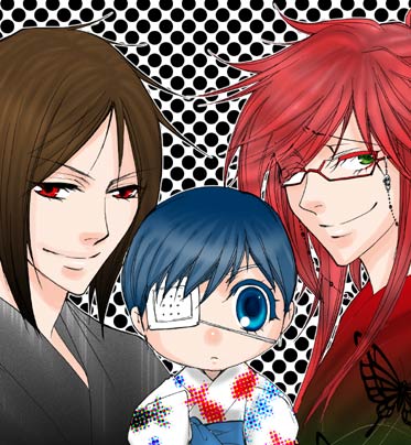 ciel phantomhive, grell sutcliff, sebastian michaelis, kuroshitsuji, lowres, 00s, blue eyes, blue hair, brown hair, eyepatch, green eyes, japanese clothes, red eyes, red hair, smile, wink