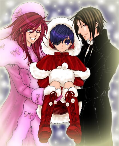 ciel phantomhive, grell sutcliff, sebastian michaelis, kuroshitsuji, 00s, black hair, blue eyes, blue hair, boots, bow, crossdressing, eyepatch, green eyes, hat, long hair, red eyes, red hair, smile, wink