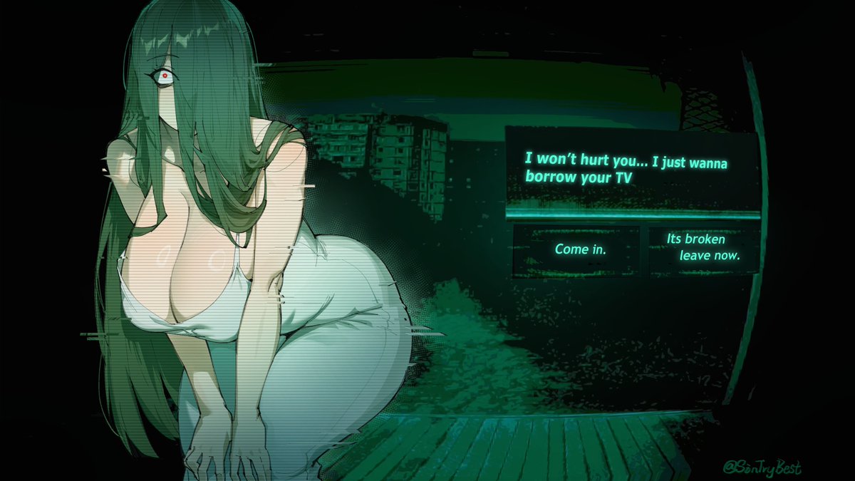 sin (sintrybest), yamamura sadako, no i'm not a human, the ring, 1girl, black hair, blush, breasts, cleavage, dialogue box, dialogue options, dress, english text, game screenshot background, gameplay mechanics, ghost girl, green theme, hair over one eye, large breasts, long hair, looking at viewer, night, night vision, porch, pov peephole, screenshot background, solo, thighs, through medium, through screen, twitter username, very long hair, white dress, wooden porch