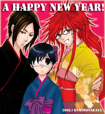 ciel phantomhive, grell sutcliff, sebastian michaelis, kuroshitsuji, lowres, 00s, black hair, blue eyes, blue hair, bow, crossdressing, eyepatch, glasses, japanese clothes, kimono, kurimonakaya, long hair, red eyes, red hair, skull