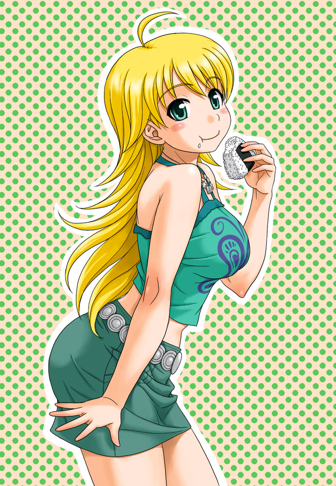 hida tatsuo, hoshii miki, idolmaster, idolmaster (classic), idolmaster 1, 00s, 1girl, ahoge, bare shoulders, blonde hair, eating, female focus, food, green eyes, midriff, onigiri, pencil skirt, skirt, solo