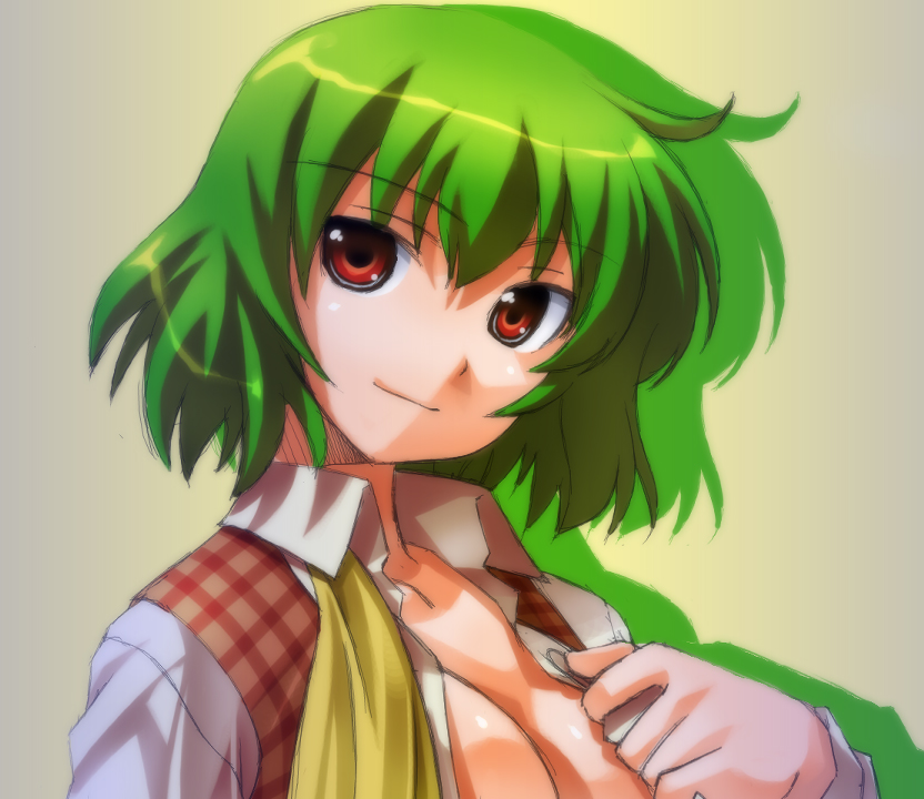 umekichi, kazami yuuka, touhou, untied, bad id, bad pixiv id, 1girl, ascot, breasts, cleavage, female focus, large breasts, light smile, open clothes, open shirt, plaid clothes, plaid vest, portrait, shirt, solo, vest
