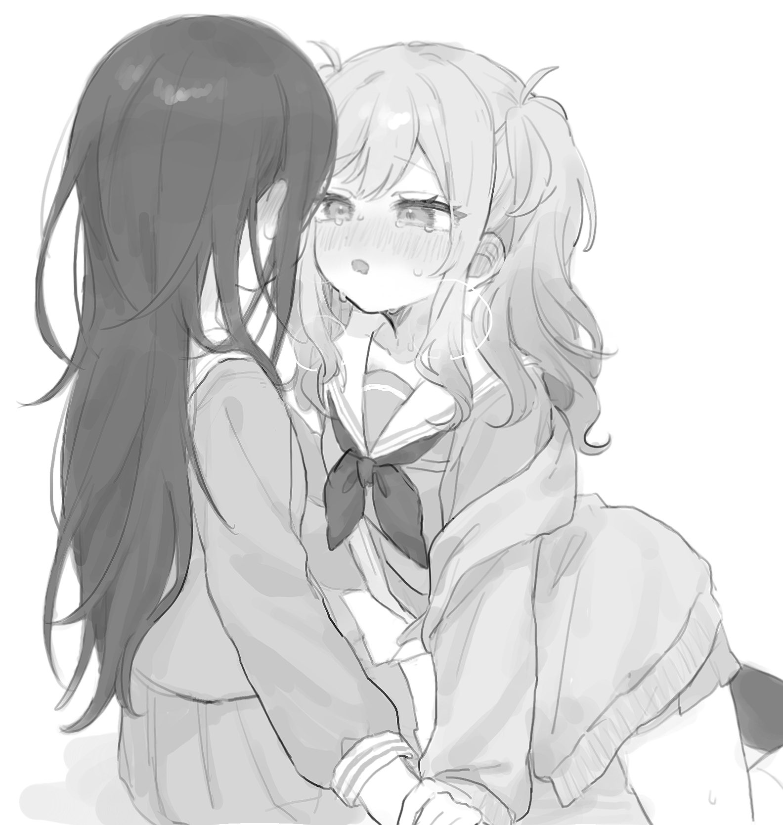 mu ri003, hoshino ichika (project sekai), tenma saki, project sekai, commentary, highres, 2girls, blush, ear blush, greyscale, holding hands, long hair, monochrome, multiple girls, neckerchief, open mouth, pleated skirt, school uniform, serafuku, skirt, tears, twintails, yuri