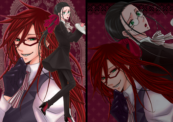 grell sutcliff, kuroshitsuji, 00s, black hair, bow, formal clothes, glasses, gloves, green eyes, long hair, red hair, ribbon