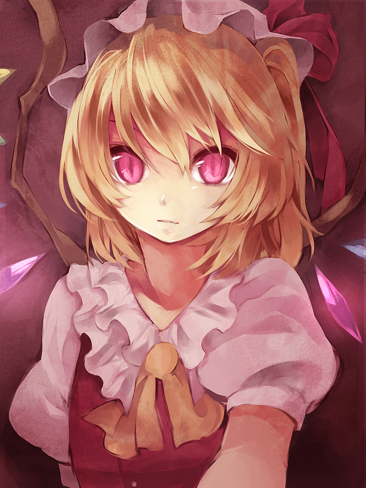 hijiri (resetter), hiz (pixiv), flandre scarlet, touhou, bad id, bad pixiv id, 1girl, blonde hair, female focus, hat, pink eyes, red eyes, ribbon, short hair, slit pupils, solo, wings