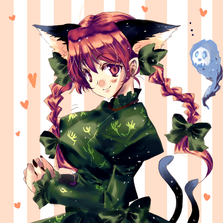 orimoto asami, kaenbyou rin, touhou, bad id, bad pixiv id, 1girl, animal ears, blush, breasts, cat ears, cat girl, cat tail, covered erect nipples, dress, female focus, ghost, heart, large breasts, red eyes, red hair, ribbon, smile, solo, tail