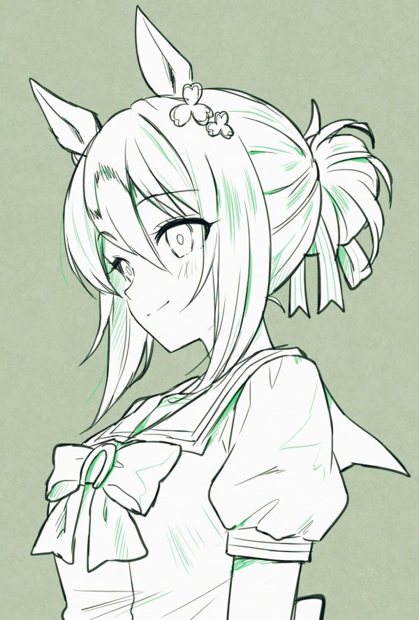 mauve, fine motion (umamusume), umamusume, 1girl, animal ears, blush, bow, clover hair ornament, ear ornament, folded ponytail, hair between eyes, hair bun, hair ornament, horse ears, horse girl, horseshoe ornament, school uniform, shirt, smile, solo, tracen school uniform, white hair