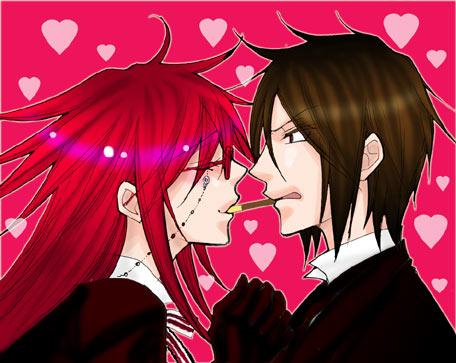 grell sutcliff, sebastian michaelis, kuroshitsuji, lowres, tagme, 00s, 2boys, black hair, closed eyes, formal clothes, glasses, gloves, heart, long hair, male focus, multiple boys, pocky, pocky kiss, red hair, shared food, yaoi