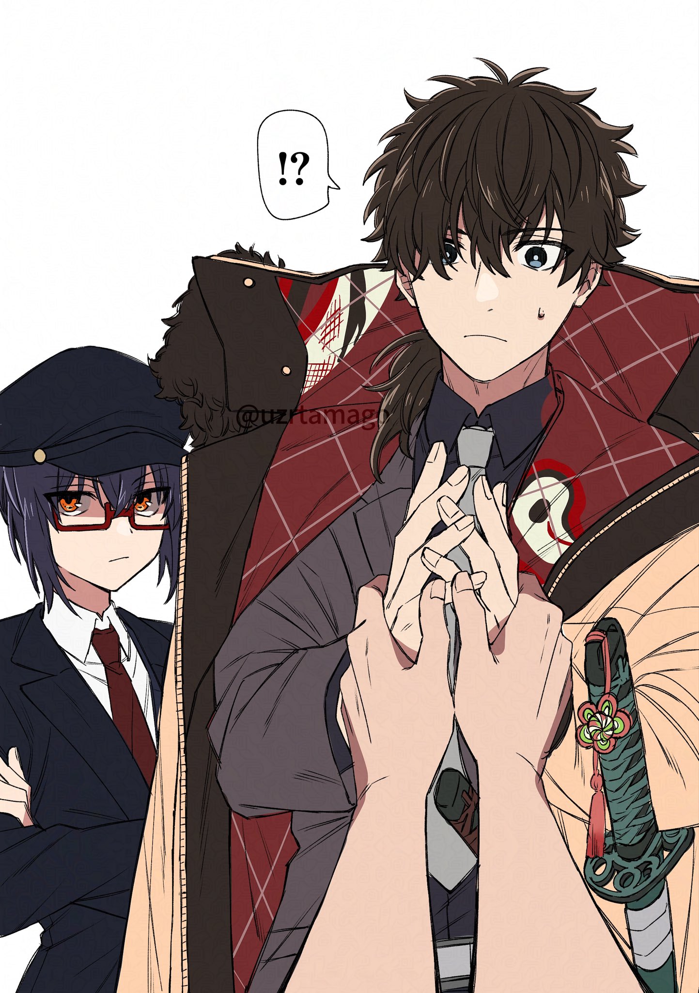 uzura (uzrtamago), miyamoto iori (celebratory attire) (fate), miyamoto iori (fate), yamato takeru (fate), yamato takeru (second ascension) (fate), fate/grand order, fate (series), highres, !?, 1boy, 1other, androgynous, belt, black hair, black hat, black shirt, coat, coat on shoulders, collared shirt, crossed arms, formal clothes, fur-trimmed coat, fur trim, glasses, grey jacket, grey suit, hat, jacket, katana, lapels, looking at viewer, low ponytail, necktie, newsboy cap, notched lapels, orange eyes, overcoat, ponytail, red-framed eyewear, red necktie, sheath, sheathed, shirt, sidelocks, suit, suit jacket, sweat, sword, unbuttoned jacket, weapon, white belt, white necktie, white shirt