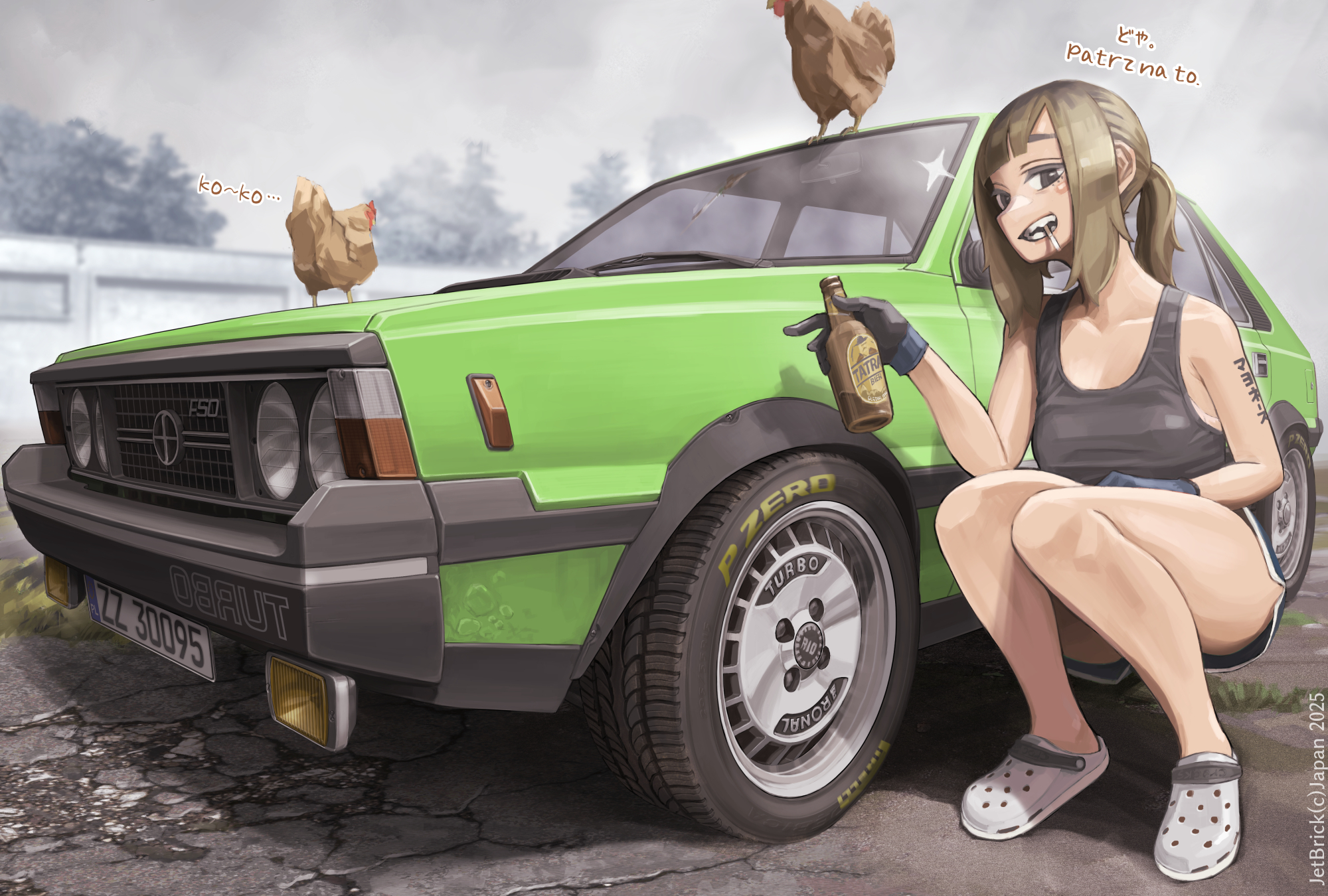 jettoburikku, original, commentary request, highres, 1girl, bird, black tank top, blue shorts, bottle, breasts, brown hair, car, chicken, cleavage, collarbone, dolphin shorts, fso, fso polonez, green car, holding, holding bottle, license plate, long hair, looking at viewer, motor vehicle, outdoors, ponytail, shorts, sleeveless, slippers, squatting, tank top, thighs, vehicle focus, white slippers
