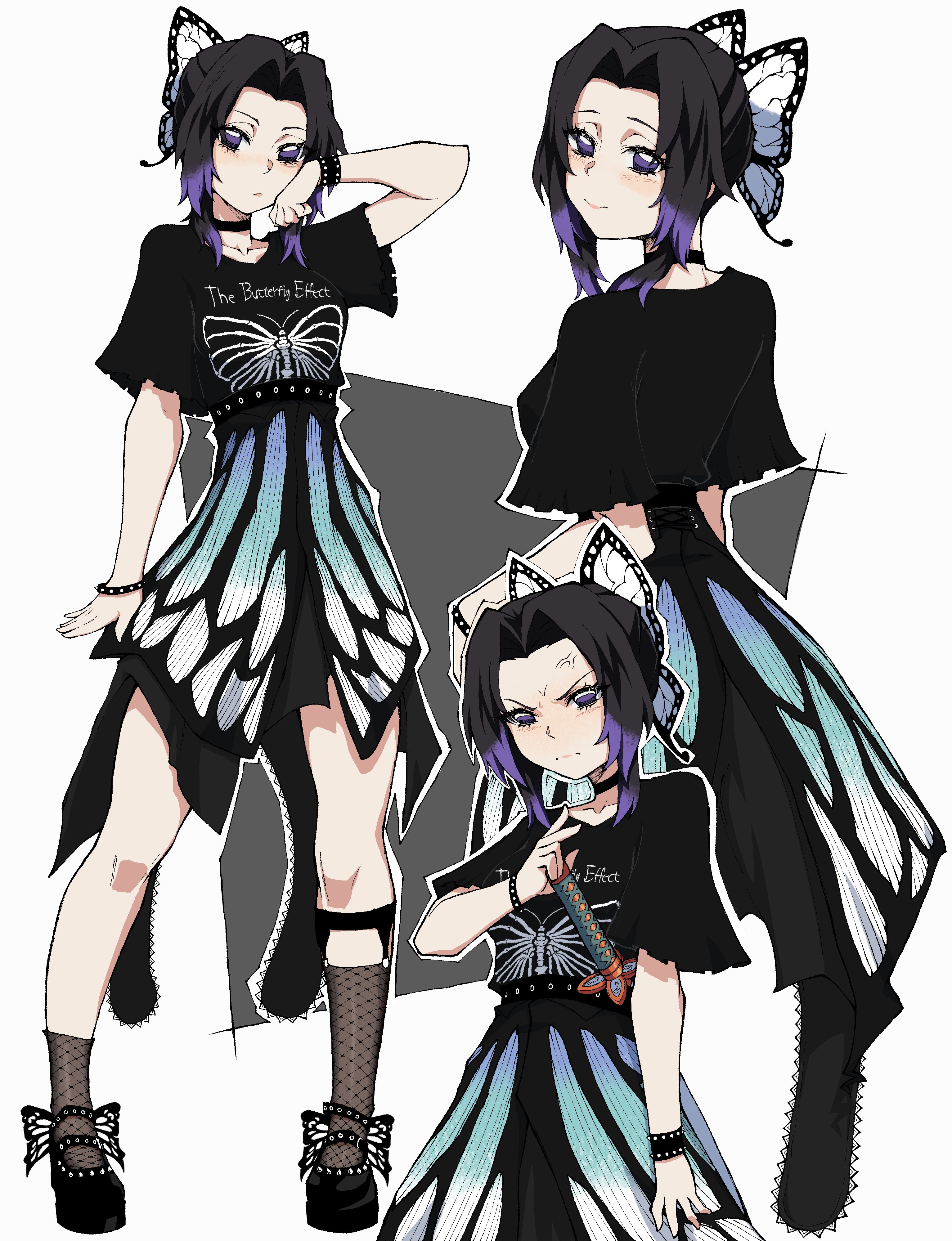 kekel, kochou shinobu, kimetsu no yaiba, absurdres, commentary, highres, 1girl, :/, alternate costume, animal print, arm up, asymmetrical legwear, butterfly hair ornament, butterfly print, choker, contemporary, english text, full body, hair ornament, high-waist skirt, katana, legwear garter, multicolored hair, multiple views, purple eyes, purple hair, short sleeves, showgirl skirt, simple background, skirt, smile, standing, sword, text print, two-tone hair, uneven legwear, weapon, white background, wristband