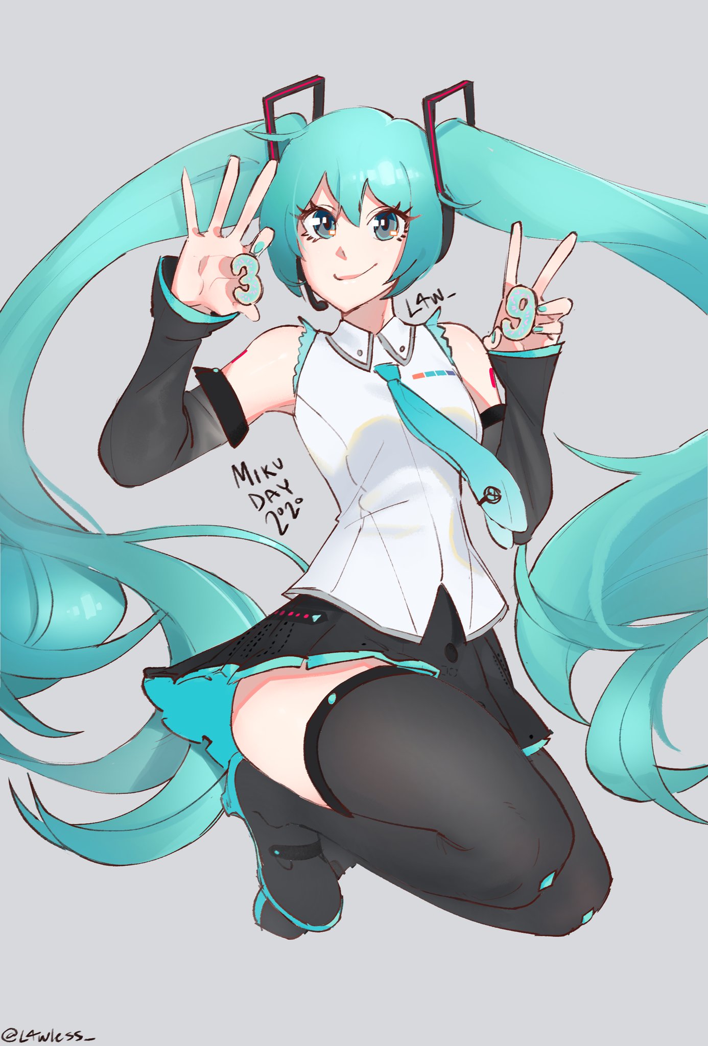 l4wless, hatsune miku, vocaloid, commentary, english commentary, highres, 1girl, aqua nails, aqua necktie, artist name, bare shoulders, black boots, black skirt, boots, dated, detached sleeves, full body, kneeling, long hair, miku day, miniskirt, necktie, shirt, shoulder tattoo, skirt, sleeveless, sleeveless shirt, smile, solo, tattoo, thigh boots, thighs, twintails, white shirt