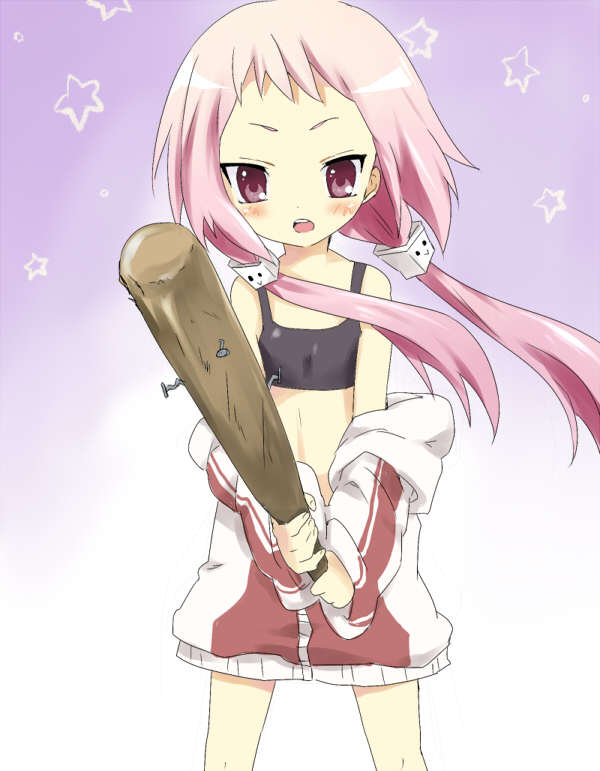 maruki (punchiki), kl-chan, bad id, bad pixiv id, baseball bat, blush, child, flat chest, long hair, nail (hardware), nail bat, pink hair, solo, sports bra, sweater, twintails, weapon