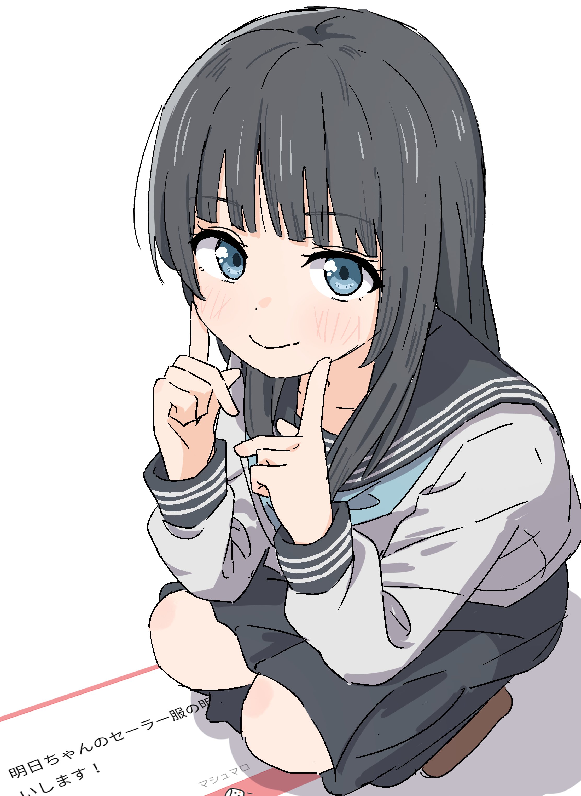 auhuheben17, akebi komichi, akebi-chan no serafuku, absurdres, highres, 1girl, black hair, black skirt, blue eyes, blunt bangs, blush, closed mouth, full body, index finger raised, kneehighs, long hair, long sleeves, looking at viewer, sailor collar, school uniform, serafuku, shirt, skirt, smile, socks, solo, squatting, striped background, two-tone background, white background, white shirt