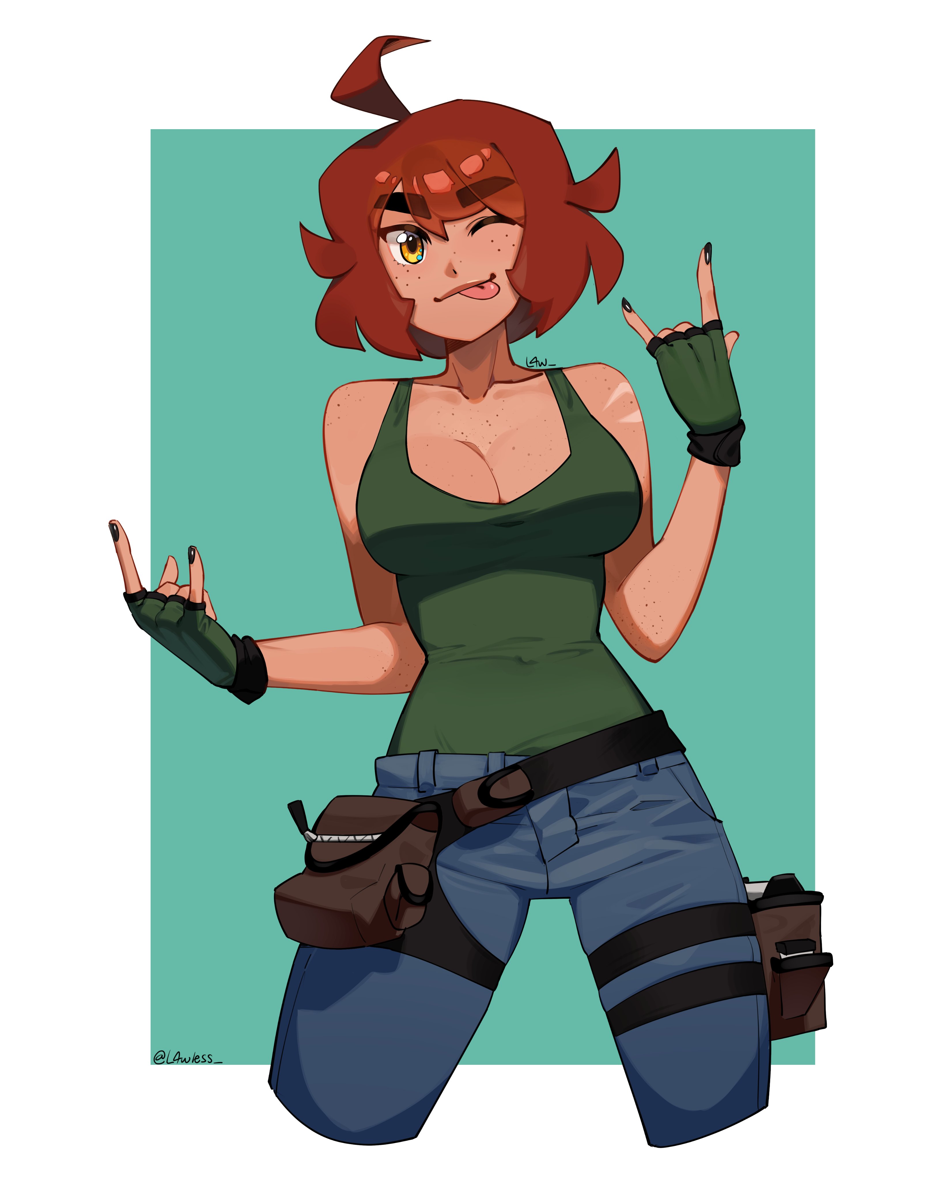 l4wless, original, absurdres, commentary, commission, english commentary, highres, 1girl, m/, ahoge, artist name, belt pouch, blue pants, border, breasts, cleavage, collarbone, covered navel, cropped legs, double m/, fingerless gloves, freckles, gloves, green background, green gloves, green shirt, looking at viewer, outside border, pants, pouch, red hair, shirt, short hair, simple background, solo, thigh pouch, tongue, white border, yellow eyes