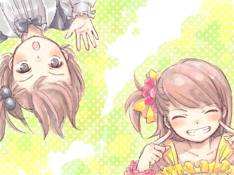 nogoodlife, futami ami, futami mami, idolmaster, idolmaster (classic), idolmaster 1, 00s, 2girls, :o, blush, brown hair, closed eyes, multiple girls, siblings, sisters, smile, twins, waving