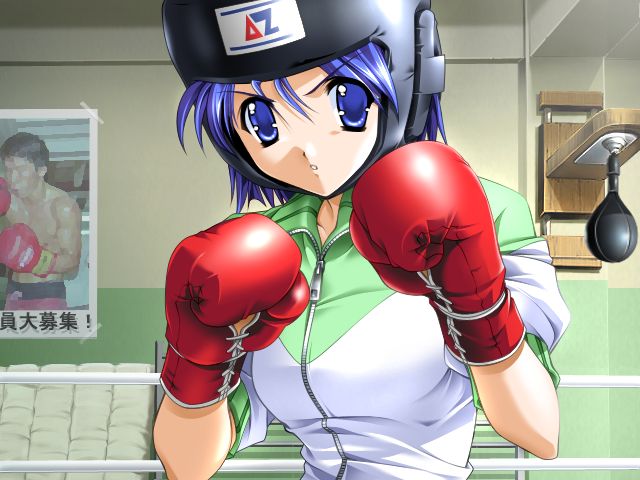 aikawa chiharu, ashita no yukinojou, game cg, non-web source, 00s, 1girl, blue eyes, blue hair, boxing, boxing gloves, boxing headgear, boxing ring, female focus, headgear, matching hair/eyes, pun, rope, short hair, solo, upper body, zipper