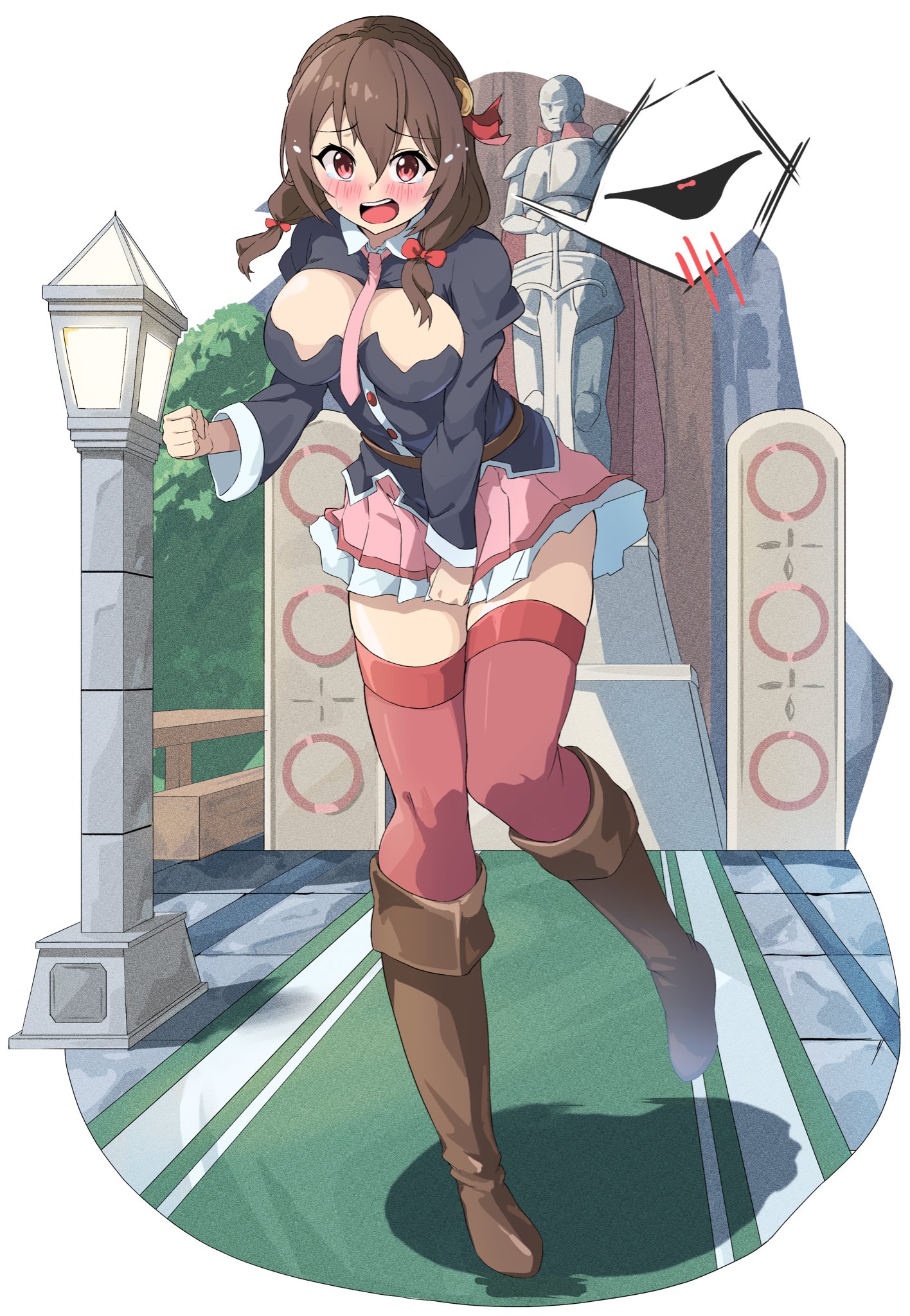 onabe915, yunyun (konosuba), kono subarashii sekai ni shukufuku wo!, commentary request, highres, 1girl, blush, boots, border, bow, braid, breasts, brown boots, crown braid, furrowed brow, green carpet, lamppost, large breasts, long sleeves, looking at viewer, necktie, open mouth, panties, red bow, red eyes, skirt, solo, speech bubble, spoken blush, statue, sword, thighhighs, twintails, underwear, weapon, white border, zettai ryouiki