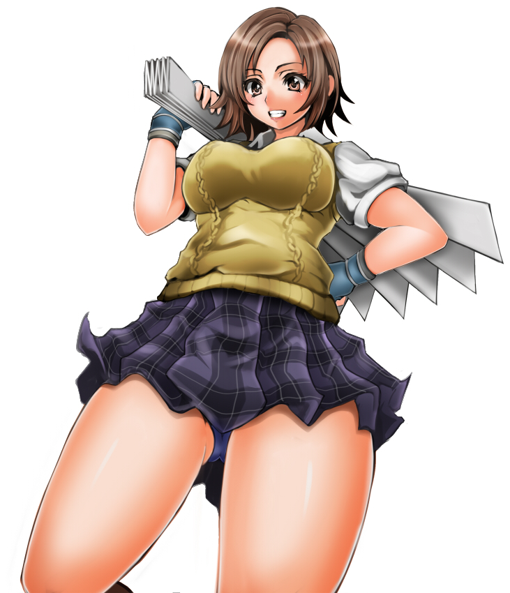 1041 (toshikazu), kazama asuka, namco, tekken, 1girl, breasts, brown eyes, brown hair, female focus, fingerless gloves, gloves, hand fan, large breasts, plaid clothes, plaid skirt, short hair, skirt, solo, sweater vest