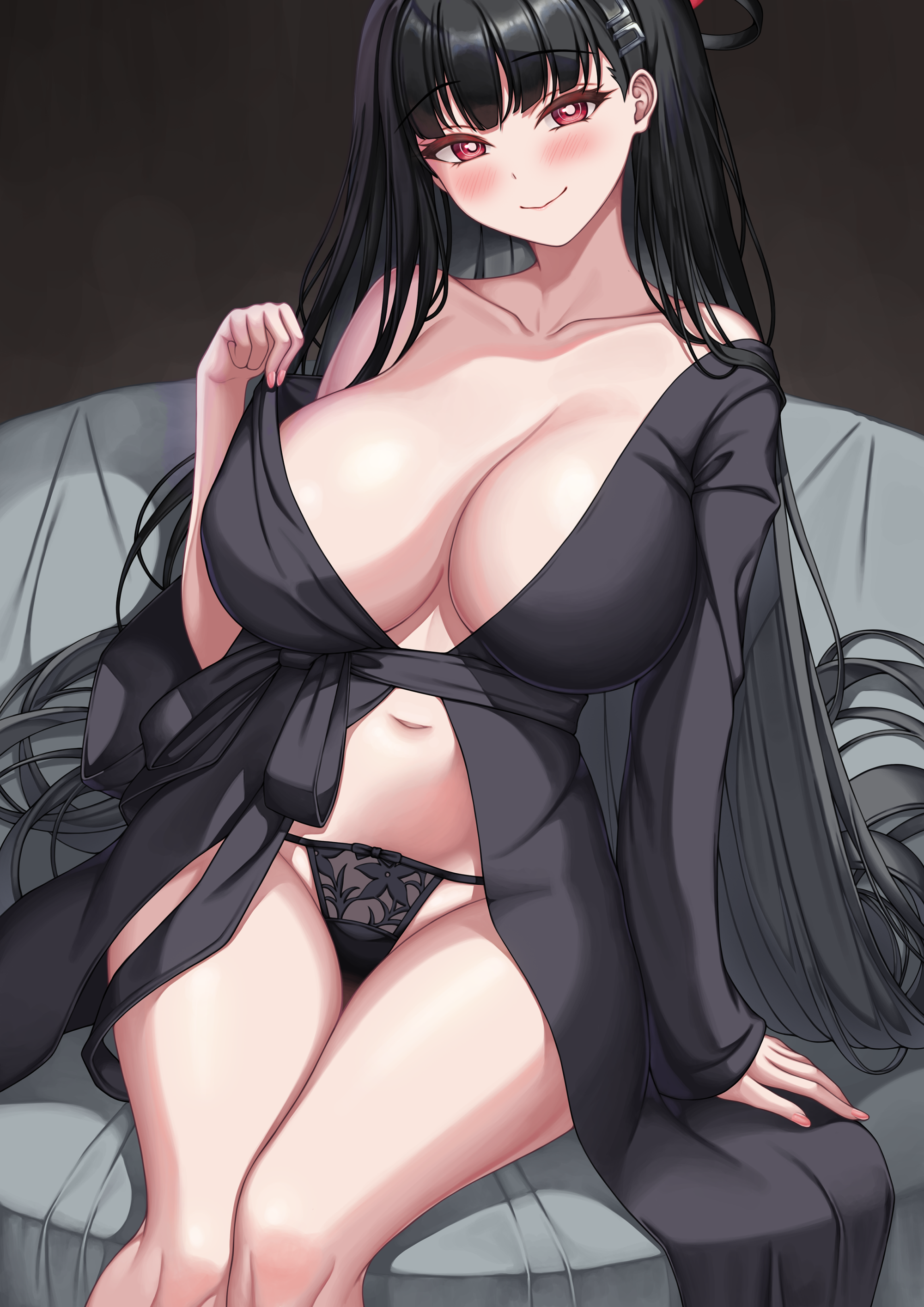 rio (blue archive), blue archive, absurdres, commentary request, highres, 1girl, bare shoulders, black hair, black panties, blush, breasts, cleavage, hair ornament, hairclip, halo, huge breasts, korea, long hair, looking at viewer, navel, off shoulder, panties, red eyes, ringed eyes, robe, sash, sitting, smile, solo, underwear, very long hair, wxjn4348