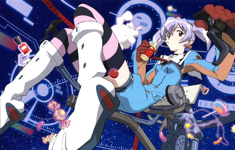 chiko, tycho science, top wo nerae! (series), top wo nerae 2!, silver hair, 00s, boots, solo, thighhighs, twintails