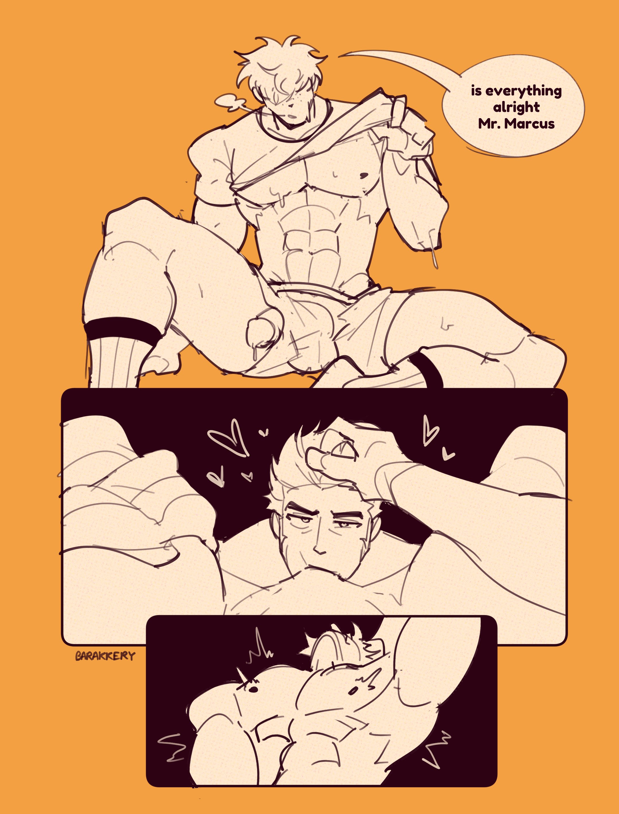 lowen (fire emblem), marcus (fire emblem), fire emblem, fire emblem: the blazing blade, nintendo, absurdres, commentary, commission, english commentary, highres, 2boys, abs, alternate costume, alternate muscle size, artist name, bara, barakkery, bare pectorals, clothes lift, contemporary, english text, fellatio, hair over eyes, large pectorals, lifting own clothes, male focus, multiple boys, muscular, muscular male, nipples, oral, pectorals, penis, shirt lift, short hair, short shorts, shorts, sketch, socks, speech bubble, sweat, yaoi