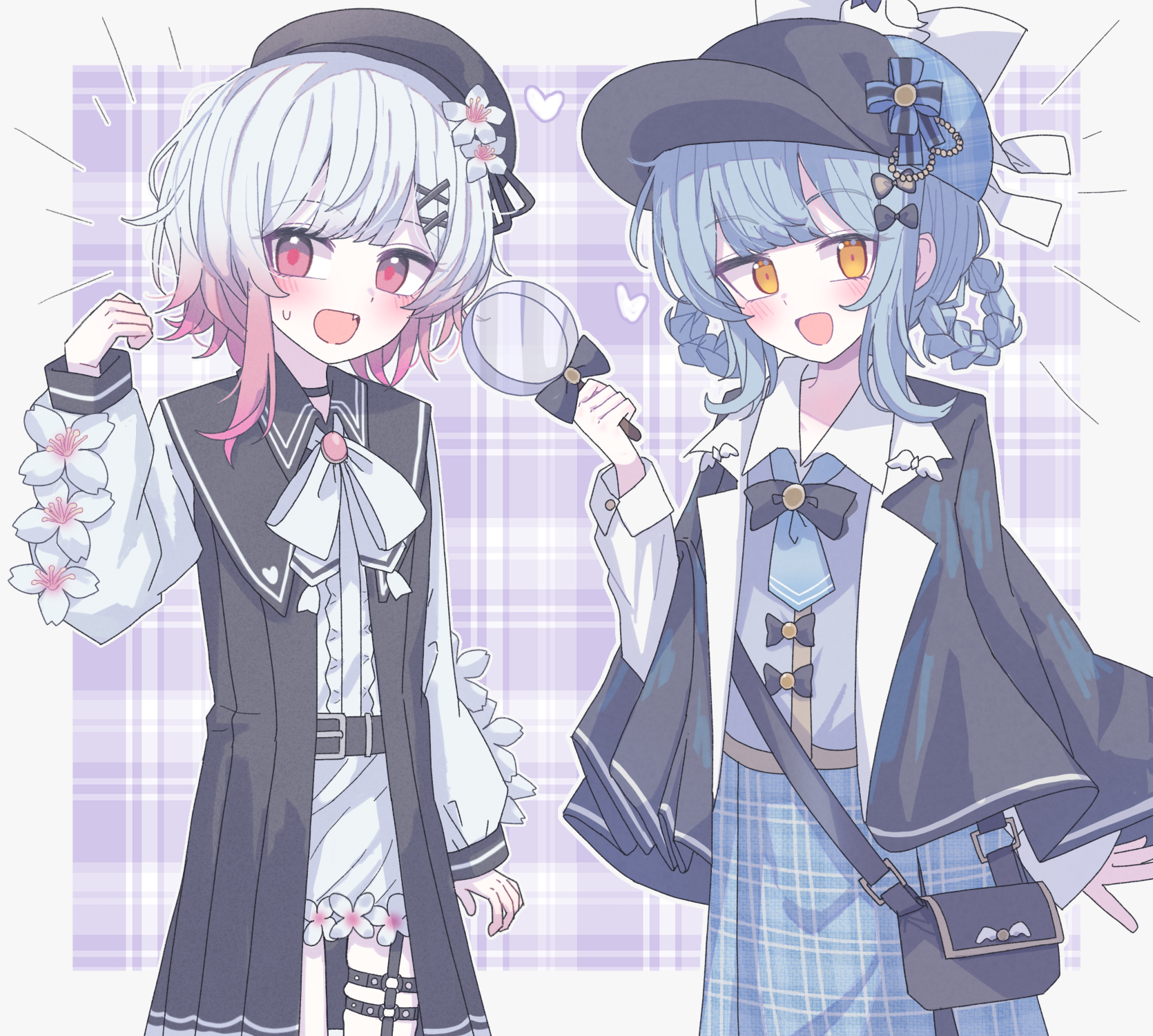 tkugane, sakuraba ema, tachibana sherry, mahou shoujo no majo saiban, highres, translation request, 2girls, :d, blue hair, blush, fang, flower, gradient hair, hair ornament, hat, holding, holding magnifying glass, jacket, long sleeves, magnifying glass, multicolored hair, multiple girls, open mouth, pink hair, plaid background, plaid clothes, plaid skirt, puffy long sleeves, puffy sleeves, purple background, red eyes, short hair, skirt, smile, white hair, yellow eyes