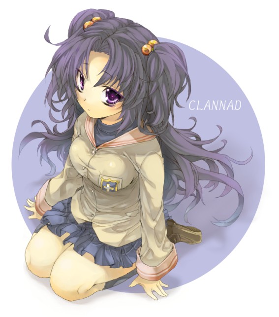zyunya, ichinose kotomi, clannad, 00s, 1girl, blue hair, breasts, female focus, hair bobbles, hair ornament, kneeling, large breasts, long hair, purple eyes, school uniform, seiza, sitting, solo, twintails, two side up