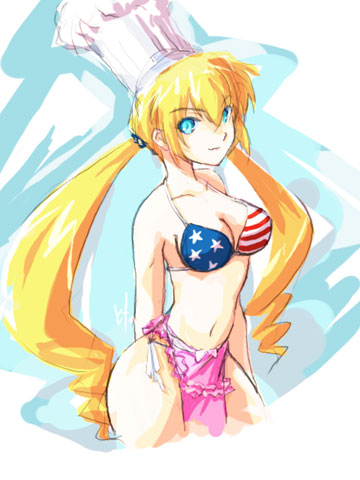 kenpa, monica adenauer, yakitate!! japan, lowres, 00s, 1girl, american flag, american flag bikini, american flag print, apron, bikini, blonde hair, blue eyes, breasts, chef hat, cleavage, drill hair, female focus, flag print, flag print bikini, hat, large breasts, long hair, print bikini, side-tie bikini bottom, smile, solo, swimsuit, twintails