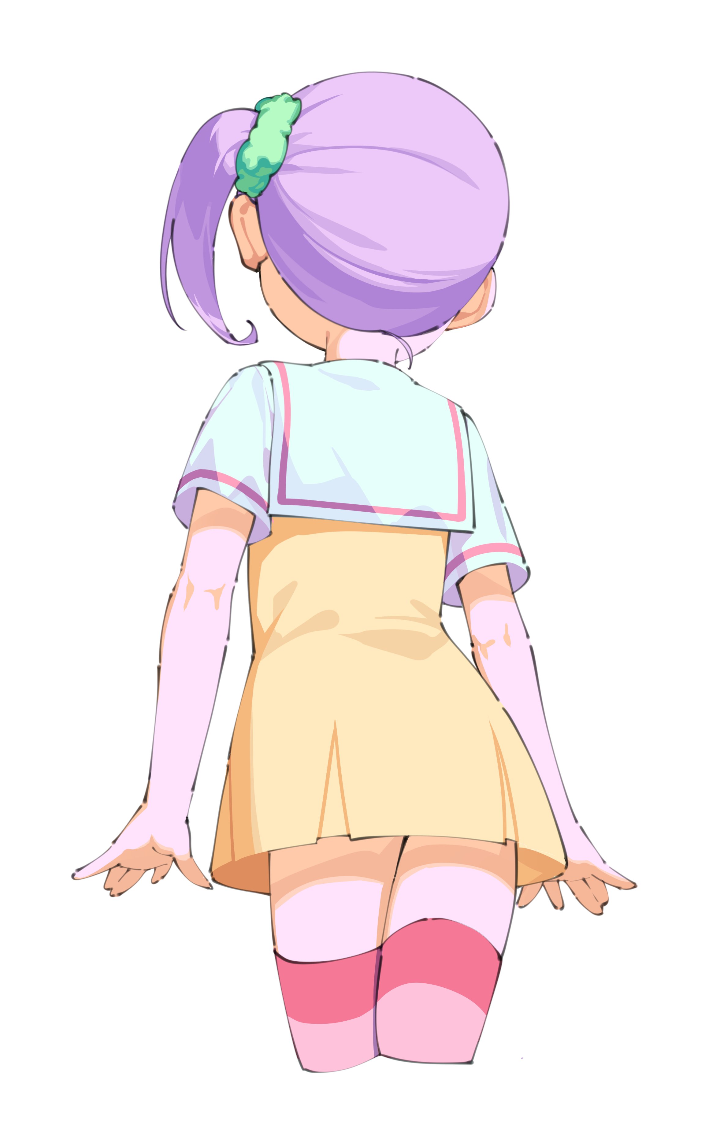 yu1 na12, manaka non, manaka non (normal), pretty series, pripara, absurdres, highres, 1girl, arms at sides, cowboy shot, cropped legs, dress, from behind, green scrunchie, hair ornament, hair scrunchie, legs together, pink thighhighs, purple hair, sailor collar, scrunchie, short dress, short hair, short sleeves, side ponytail, simple background, solo, standing, straight hair, thighhighs, white background, white sailor collar, yellow dress, zettai ryouiki