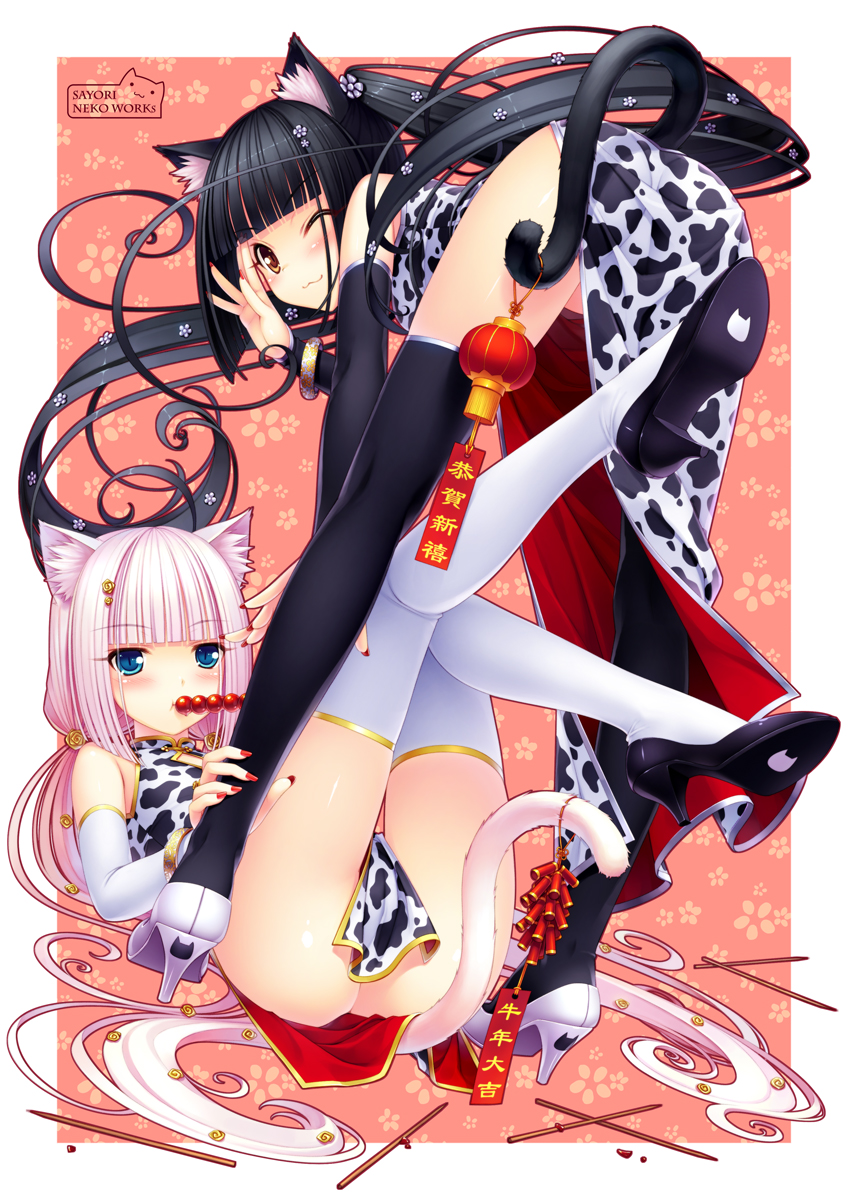 sayori (neko works), chocola (nekopara), vanilla (nekopara), nekopara, original, bad id, bad pixiv id, highres, 10s, 2girls, :3, ;3, animal ear fluff, animal ears, animal print, ass, bent over, black hair, blue eyes, blush, brown eyes, cat ears, cat girl, cat tail, china dress, chinese clothes, cow print, dango, dress, elbow gloves, food, gloves, high heels, legs, long hair, multiple girls, nail polish, one eye closed, pink hair, red nails, shoes, siblings, sisters, slit pupils, tail, tail ornament, thighhighs, twins, wagashi, white thighhighs, wink