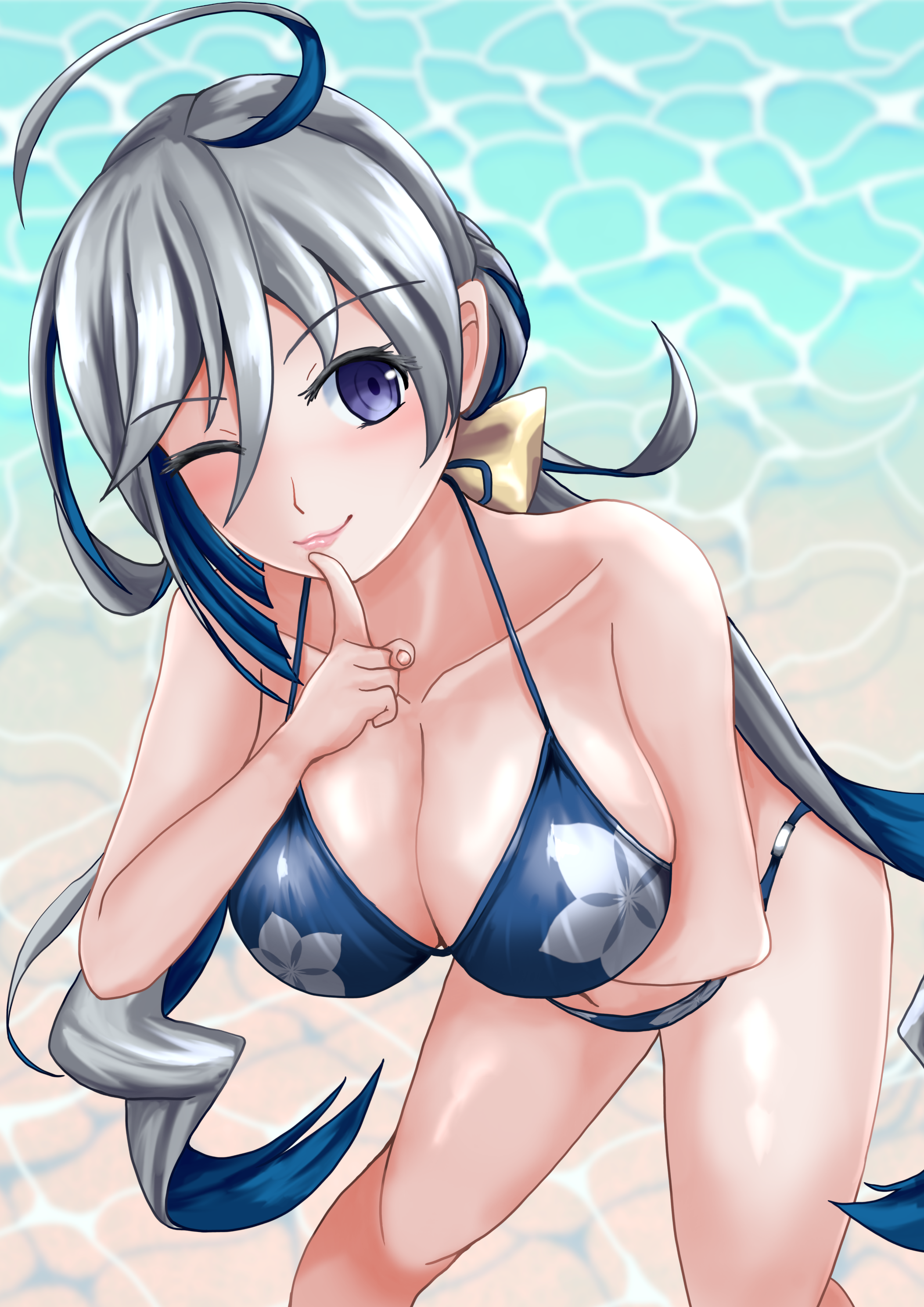 kiyoshimo (kancolle), kiyoshimo kai ni (kancolle), kiyoshimo kai ni (swimsuit) (kancolle), yasakae (coumin c), kantai collection, absurdres, commentary request, highres, 1girl, ahoge, alternate breast size (larger), bikini, blue bikini, breasts, feet out of frame, grey eyes, grey hair, hair between eyes, large breasts, long hair, low twintails, solo, swimsuit, twintails, very long hair, water