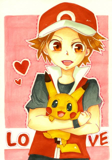 pikachu, red (pokemon), nintendo, pokemon, 1boy, brown hair, gen 1 pokemon, hat, red hat