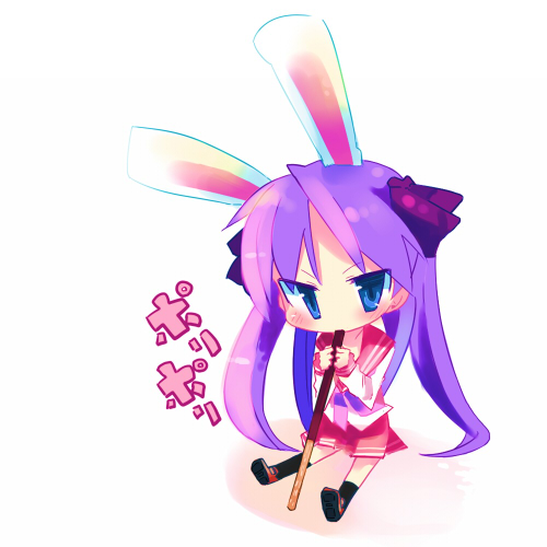 kanikama, hiiragi kagami, lucky star, lowres, translation request, 00s, 1girl, animal ears, black socks, blue eyes, blush, chibi, eating, female focus, food, hair ornament, holding, japanese text, long hair, long sleeves, mini person, minigirl, miniskirt, neckerchief, pocky, purple hair, rabbit ears, red skirt, sailor collar, school uniform, serafuku, shirt, shoes, simple background, sitting, skirt, socks, solo, text focus, twintails, white background, white shirt