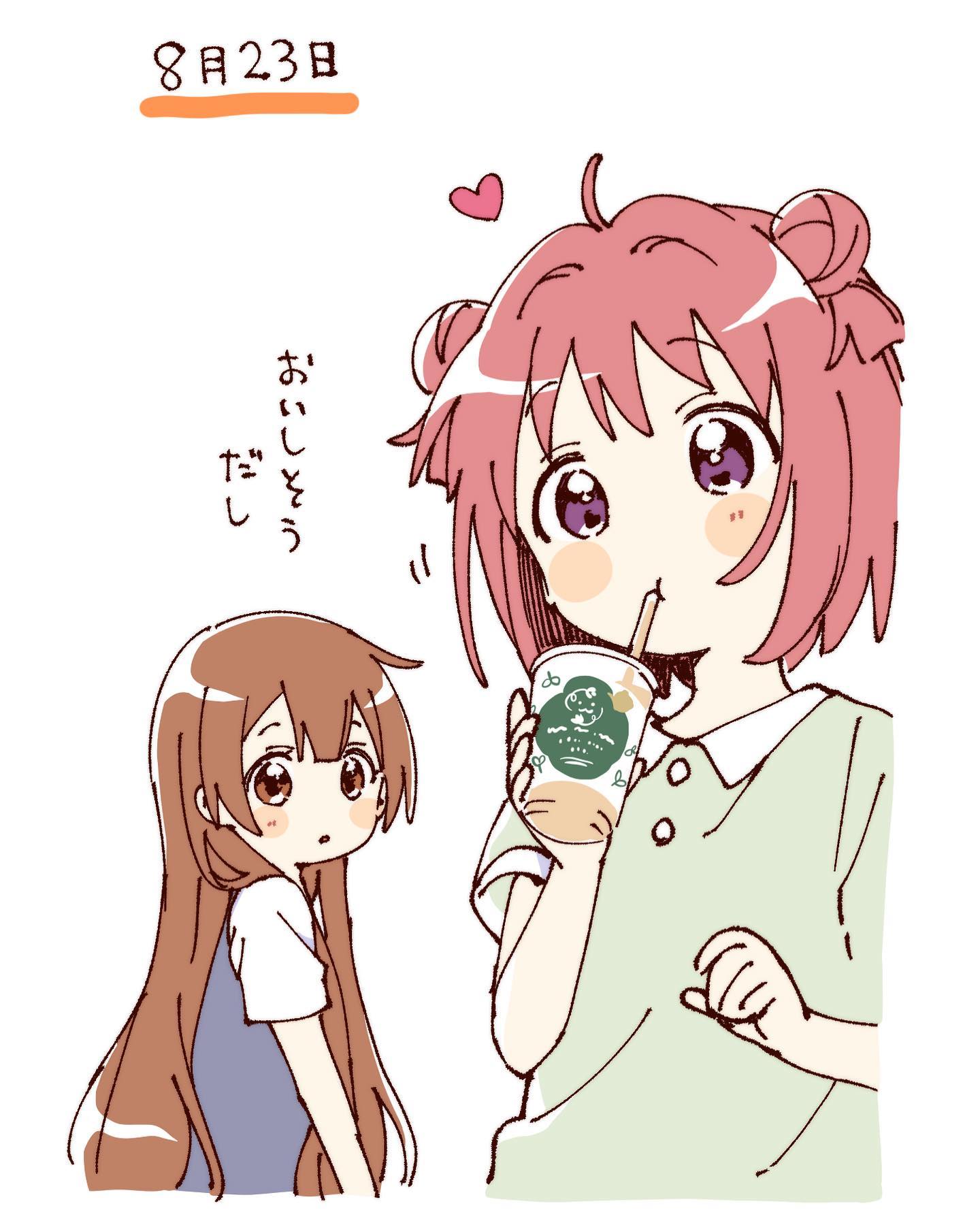 namori, akaza akari, oomuro hanako, yuruyuri, hashtag-only commentary, highres, translation request, 2girls, ahoge, blue shirt, blush stickers, brown eyes, brown hair, closed mouth, collared shirt, contrast collar, cropped torso, cup, double bun, drinking, drinking straw, green shirt, hair bun, heart, holding, holding cup, long hair, looking at another, multiple girls, parted lips, purple eyes, red hair, shirt, short hair, short sleeves, simple background, white background