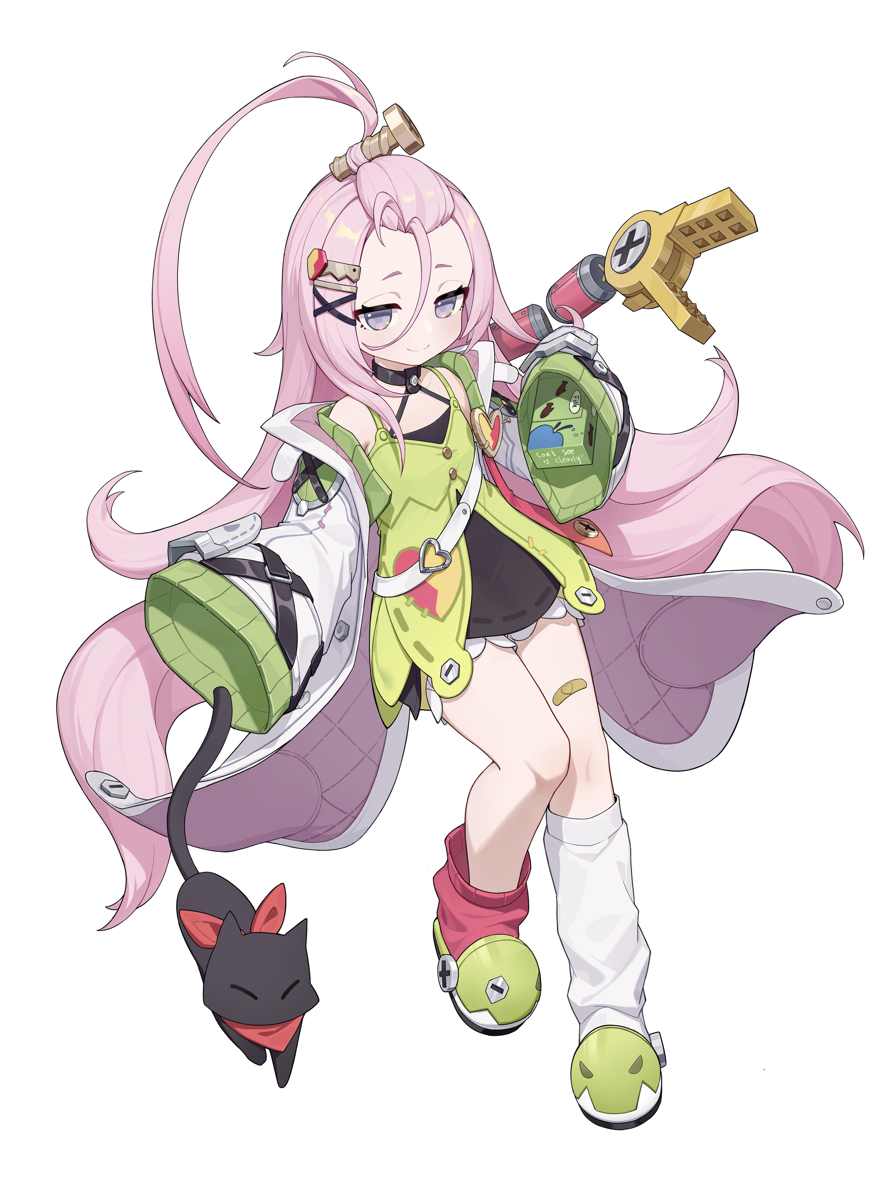 fenlinhuoshan, aino (genshin impact), genshin impact, absurdres, bad source, highres, 1girl, ahoge, bandaid, bandaid on knee, bandaid on leg, bangs pinned back, black cat, cat, closed mouth, dress, full body, grey eyes, hair between eyes, hair ornament, hairclip, holding, leg warmers, long hair, long sleeves, looking at viewer, loose socks, pink hair, purple eyes, simple background, sleeves past fingers, sleeves past wrists, slippers, socks, solo, very long hair, white background