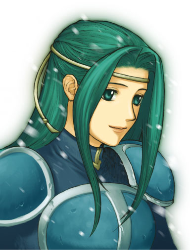 fiora (fire emblem), fire emblem, fire emblem: the blazing blade, nintendo, pegasus knight uniform (fire emblem), 1girl, aqua eyes, aqua hair, armor, female focus, gradient background, green eyes, green hair, headband, lips, long hair, matching hair/eyes, snow, solo