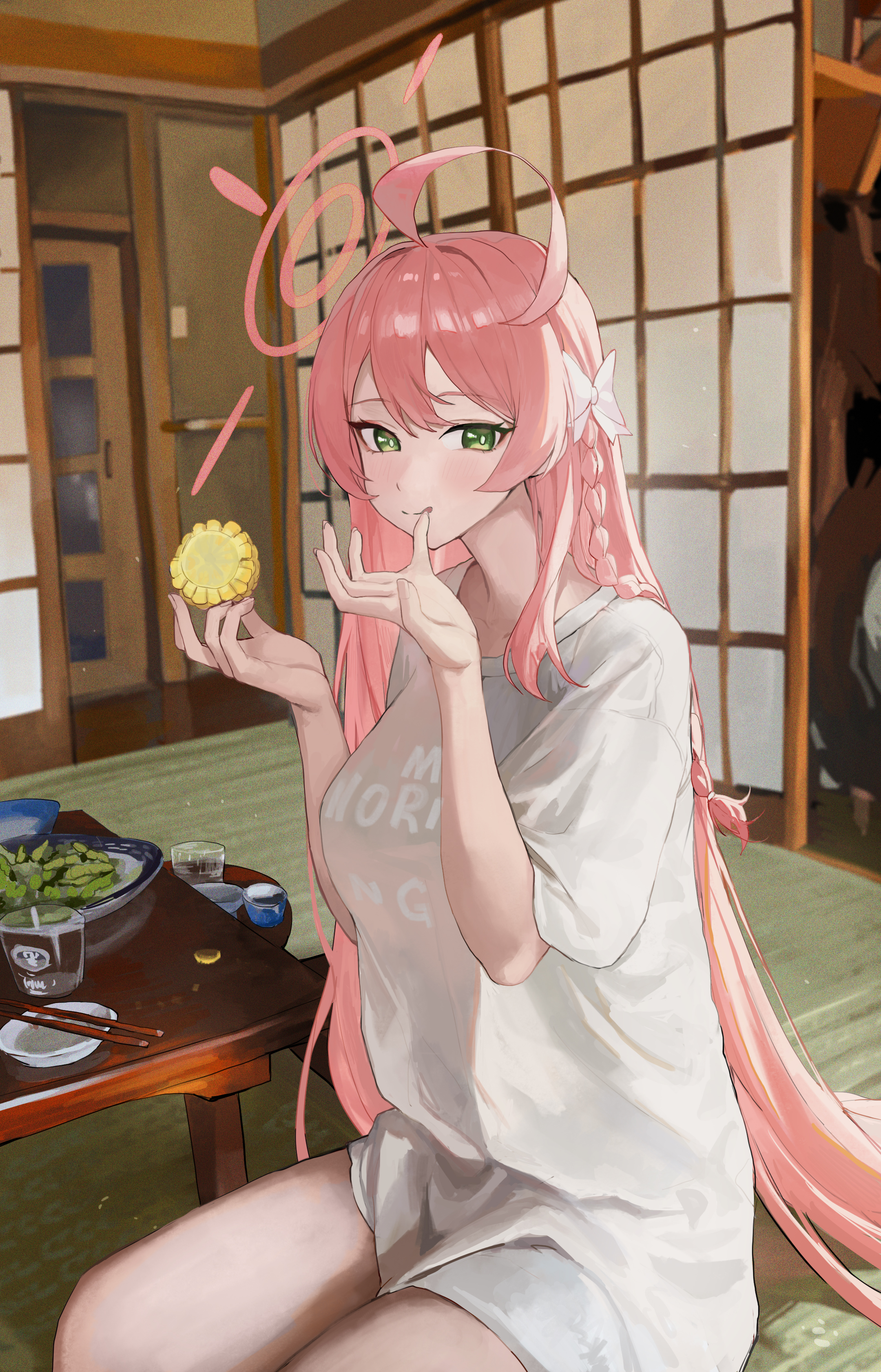 jianjia, hanako (blue archive), blue archive, absurdres, highres, 1girl, ahoge, bow, braid, chabudai, chopsticks, cup, drinking glass, eating, food, green eyes, hair between eyes, hair bow, halo, holding, holding food, licking own finger, long hair, looking at viewer, oversized clothes, oversized shirt, pink hair, pink halo, seiza, shirt, shouji, side braid, sitting, sliding doors, solo, table, tongue, tongue out, white bow, white shirt
